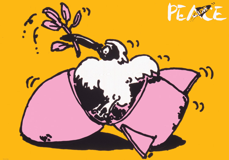 ポスターアーティスト秋山孝が社会をテーマに1985年に制作したポスター「Love Peace (ibis) 」